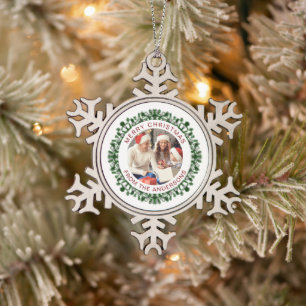 Ornement Flocon De Neige Photo de famille de la couronne de Noël simple et