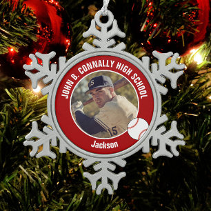 Ornement Flocon De Neige Photo de joueur de baseball rouge personnalisé pou