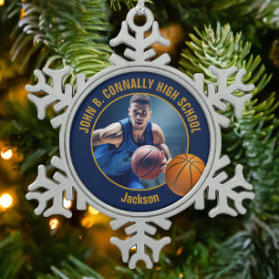 Ornement Flocon De Neige Photo de joueur de basket-ball en bleu marine et o