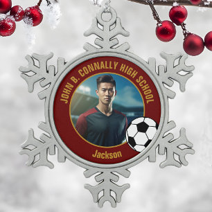 Ornement Flocon De Neige Photo de joueur de soccer Maroon Gold Lycée