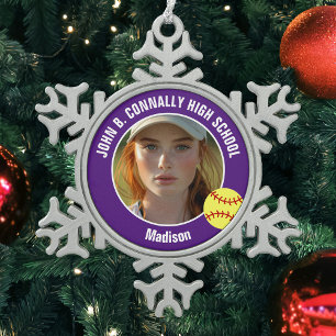 Ornement Flocon De Neige Photo de joueuse de softball violet Souvenir de ly