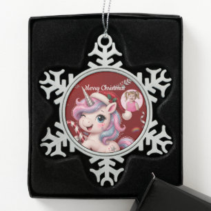 Ornement Flocon De Neige Photo de licorne de Noël mignonne et cramoisie