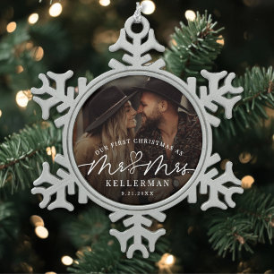 Ornement Flocon De Neige Photo de Noël de mariage de M. et Mme pour leur pr