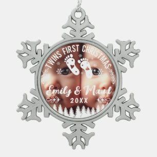 Ornement Flocon De Neige Photo de Noël des jumeaux pour la première fois
