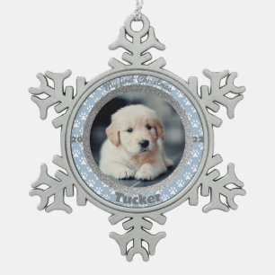 Ornement Flocon De Neige Photo de Noël du premier chiot avec empreinte de p