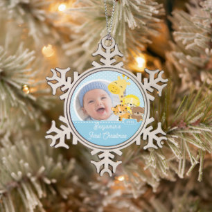 Ornement Flocon De Neige Photo du premier Noël de bébé girafe