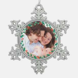 Ornement Flocon De Neige Photo personnalisée Elegant Holly Wreath