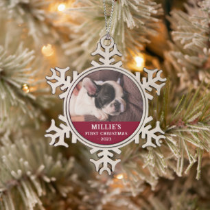 Ornement Flocon De Neige Photo personnalisée Red First Christmas Puppy