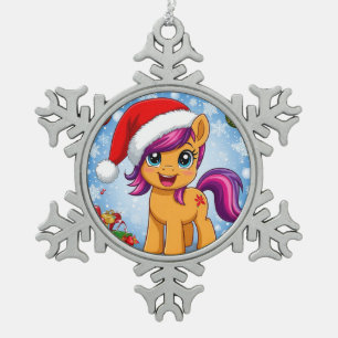 Ornement Flocon De Neige Poney de dessin animé festif portant un chapeau de