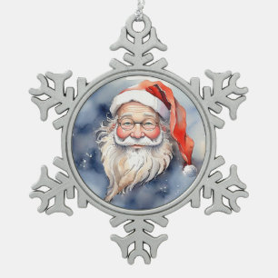 Ornement Flocon De Neige Portrait de Père Noël chapeau rouge mignon aquarel