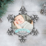 Ornement Flocon De Neige Premier Noël Aqua Blue Baby Boy Photo<br><div class="desc">La bannière "My First Christmas" et le design de décoration de la photo de la frontière avec flocon de neige peuvent être personnalisés avec le nom du bébé garçon et l'année de naissance. Inclut une deuxième photo à l'arrière. Aqua / bleu turquoise,  gris et blanc.</div>