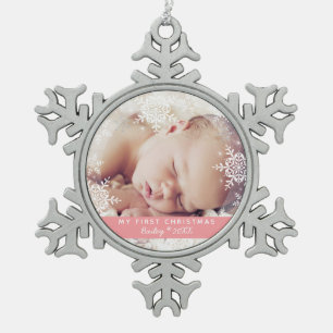 Ornement Flocon De Neige Premier Noël de bébé Blanc Paillettes Argent Rose