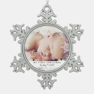 Ornement Flocon De Neige Premier Noël de bébé blanc paillettes argentées