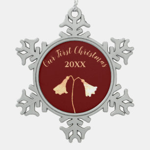 Ornement Flocon De Neige Premier Noël du couple de fleurs rouges d'or