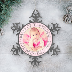 Ornement Flocon De Neige Première lumière de Noël rose personnalisée Photo