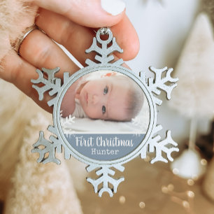 Ornement Flocon De Neige Première Noël de bébé flocon de neige photo bleue
