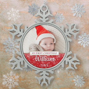 Ornement Flocon De Neige Première photo de bébé avec texte de Noël 