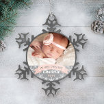 Ornement Flocon De Neige Première photo de Noël Blush rose Baby Girl<br><div class="desc">"My First Christmas" banner and snowflake border Phoornament design can be personalized with the baby girl's name and birth year. Includes a second photo the back. Peintre bleu clair,  gray and white colors.</div>