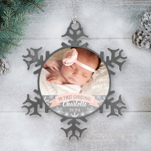Ornement Flocon De Neige Première photo de Noël Blush rose Baby Girl