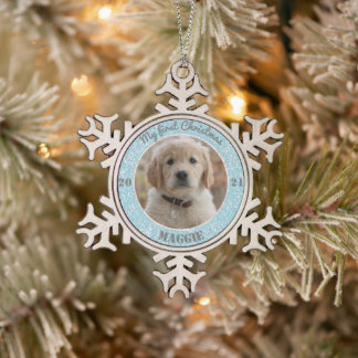 Ornement Flocon De Neige Première photo de Noël du chiot personnalisé