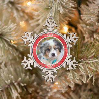 Ornement Flocon De Neige Première photo de Noël du chiot personnalisé