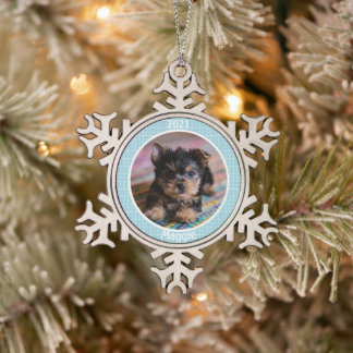 Ornement Flocon De Neige Première photo de Noël du chiot personnalisé