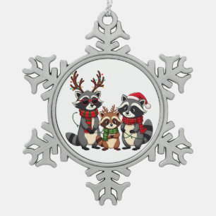 Ornement Flocon De Neige Raton laveur de Noël avec chapeau de Père Noël cor