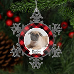 Ornement Flocon De Neige Red Buffalo Plaid Custom Pet Puppy Dog Photo<br><div class="desc">Personalize this consolive red and black buffalo check plaid ornament design with a photo of your puppy dog with their first on the dog bone monogram nameplate. A great keepsake vend pour dog lovers,  to celebrate a puppy's first christmas or to cherish the memory of a beloved family dog.</div>