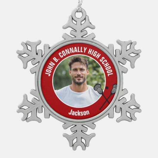 Ornement Flocon De Neige Red Lacrosse Player Photo High School (Devant)
