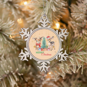 Ornement Flocon De Neige Rennes vertes rouges Père Noël Joyeuse fête de Noë