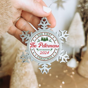 Ornement Flocon De Neige Retro Notre premier nom de Mariage marié de Noël