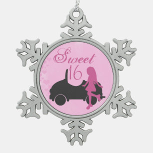 Ornement Flocon De Neige Rose et noir Sweet 16 Silhouette fille et voiture