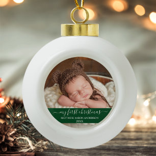 Ornement Flocon De Neige Script élégant Mon premier bébé vert de Noël