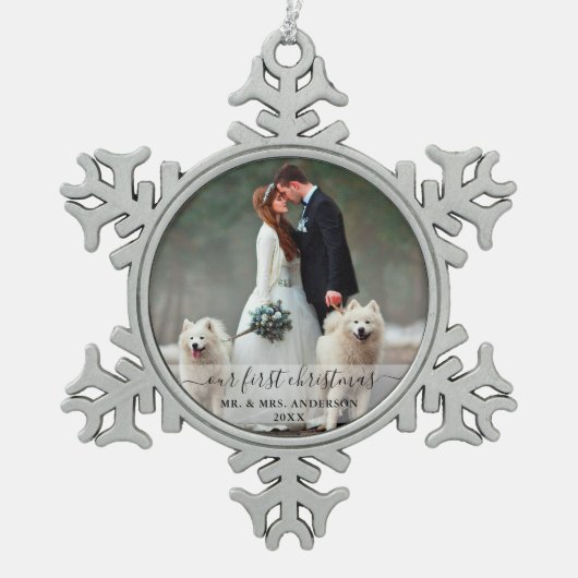 Ornement Flocon De Neige Script élégant Notre première photo Mariage de Noë (Devant)