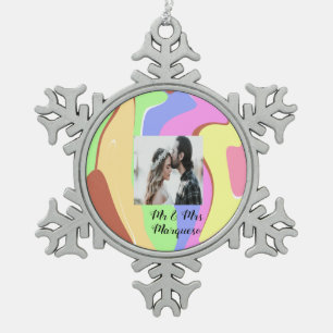 Ornement Flocon De Neige simple minimal add your name photo pink blue green