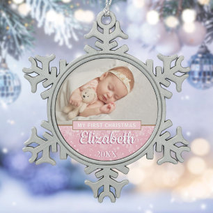 Ornement Flocon De Neige Snowflakes Baby Photo First Christmas Script