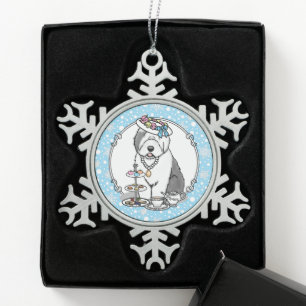 Ornement Flocon De Neige Tea Party Vieux chien anglais (Grey 1)