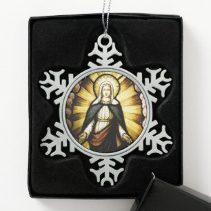 Ornement Flocon De Neige Vierge Marie avec un halo d'étoiles