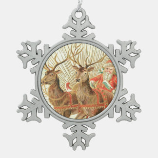 Ornement Flocon De Neige Vintage Christmas Postcard, Santa with Reindeer