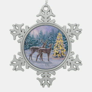 Ornement Flocon De Neige Whitetail Deer & Christmas Tree Scène hivernale