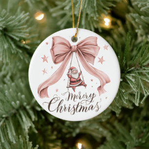 Ornement Joyeux Noël Père Noël et Nœud Rose