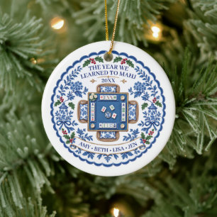 Ornement Mahjong Chinoiserie Bleu Blanc Noms