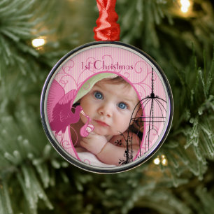 Ornement Métallique 1ère cigogne de Noël Birdcage Photo Noël