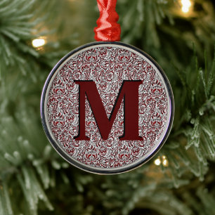 Ornement métallique à monogramme floral rouge et n