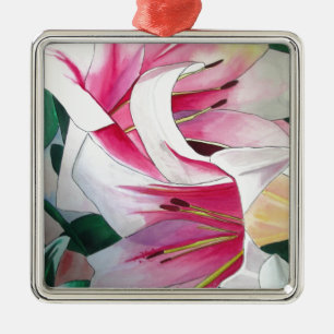 Ornement Métallique Aquarelle originale de fleurs de lys blanches et r