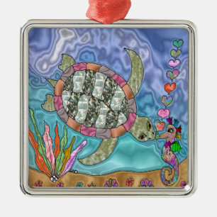 Ornement Métallique Art de tortue marine hippocampe psychédélique