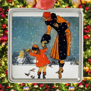 Ornement Métallique Art Déco vintage Hiver Mère et Enfant dans la Neig