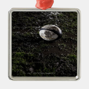 Ornement Métallique Boule de rugby boueuse se reposant sur mâché ver