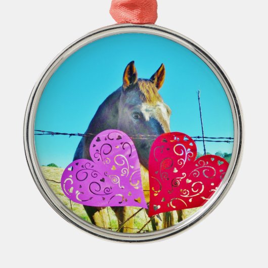 Ornement Métallique Cheval blanc et Brown Valentine Coeurs (Devant)