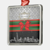 Ornement Métallique Chicago Skyline Silver White Damask #3 Bow Xmas (Gauche)